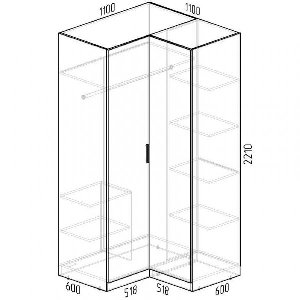 Размеры и схема углового распашного шкафа Марсель