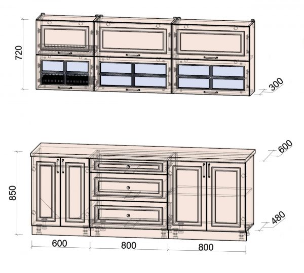 Схема и размеры модулей кухни Мила Шато 2,2Б