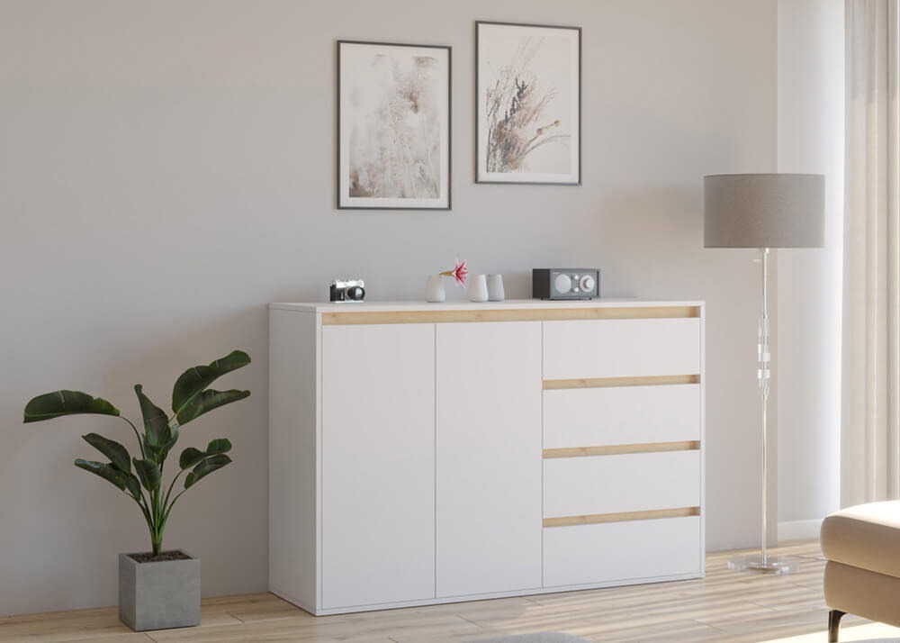 Комод Рио-3 белый премиум-дуб крафт золотой в интерьере