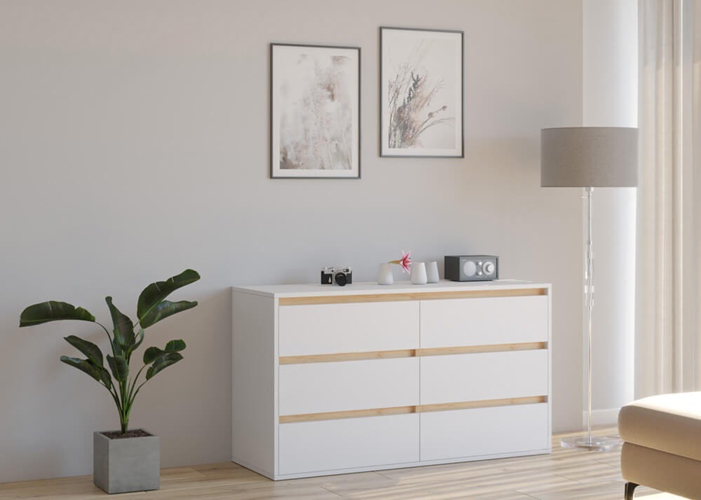 Комод Рио-4 белый премиум-дуб крафт золотой в интерьере