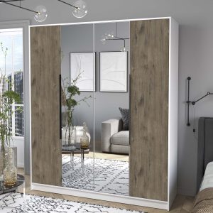 Шкаф четырехстворчатый распашной Концепт КТ-Ш4 с зеркалом белый-дуб веллингтон в интерьере