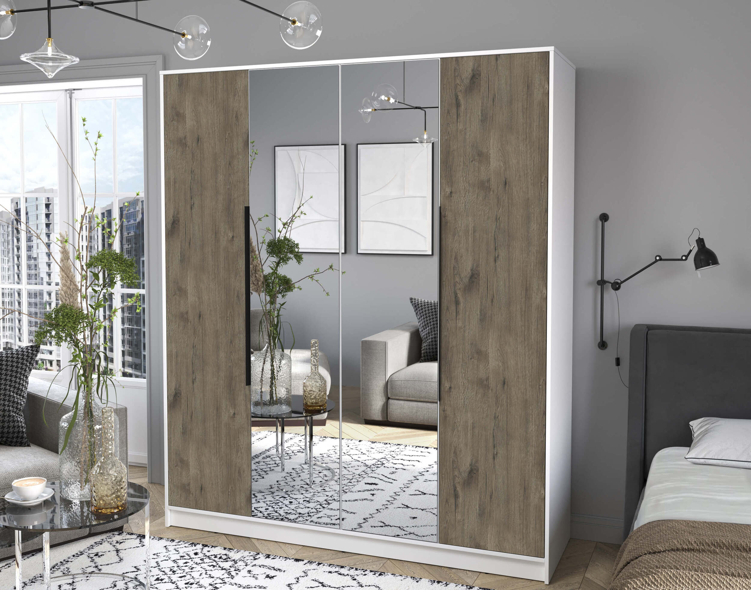 Шкаф четырехстворчатый распашной Концепт КТ-Ш4 с зеркалом белый-дуб веллингтон в интерьере