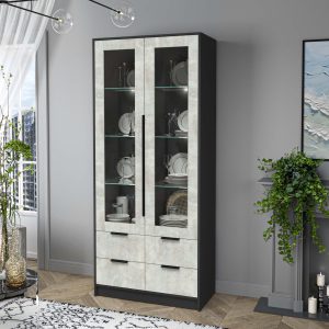 Шкаф двустворчатый распашной Концепт КТ-ШВ2 с витриной с подстветкой антрацит-бетон лайт в интерьере