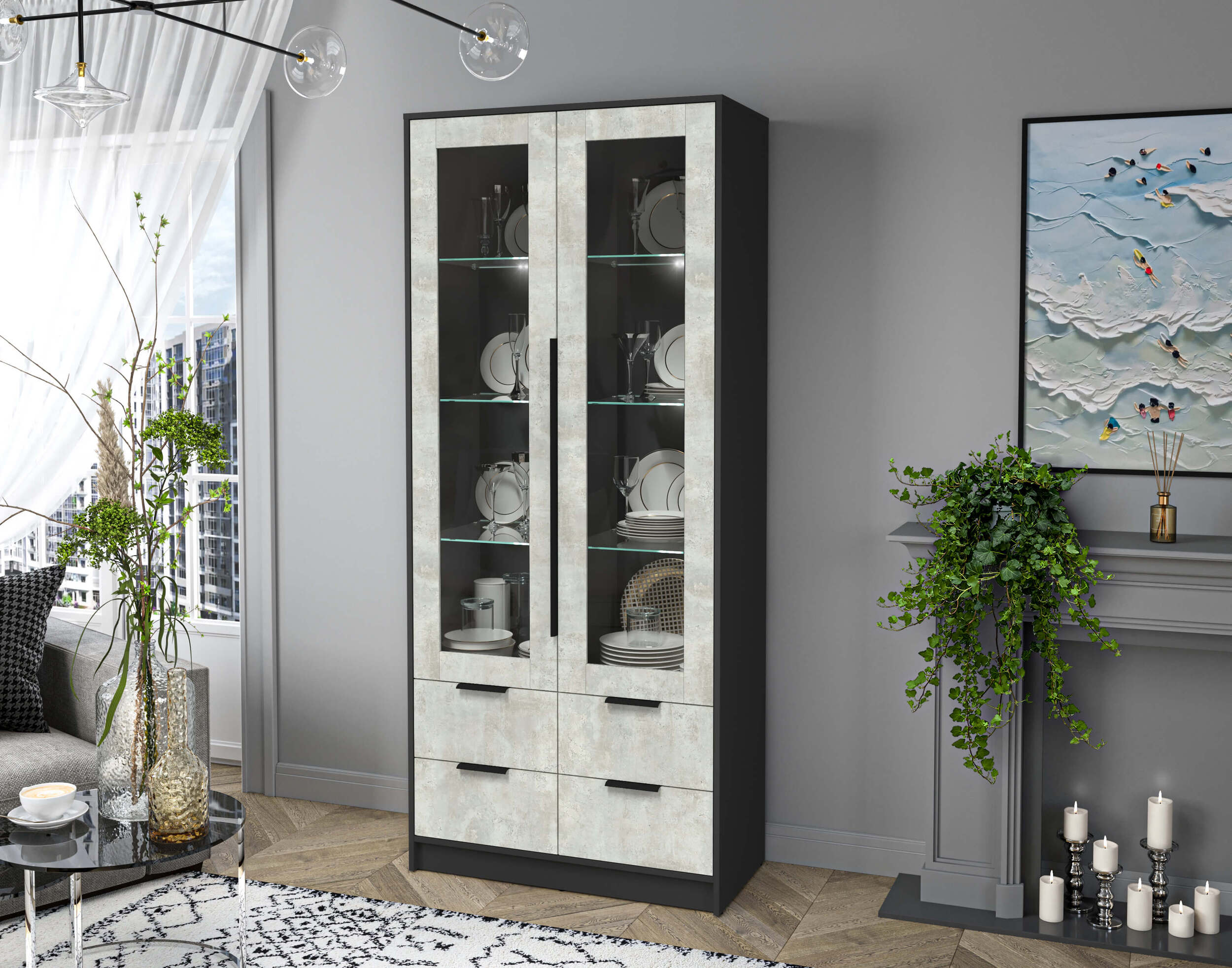 Шкаф двустворчатый распашной Концепт КТ-ШВ2 с витриной с подстветкой антрацит-бетон лайт в интерьере