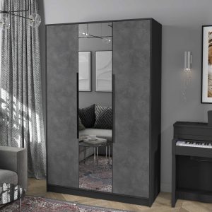 Шкаф трехстворчатый распашной Концепт КТ-Ш3 с зеркалом антрацит-бетон портленд в интерьере