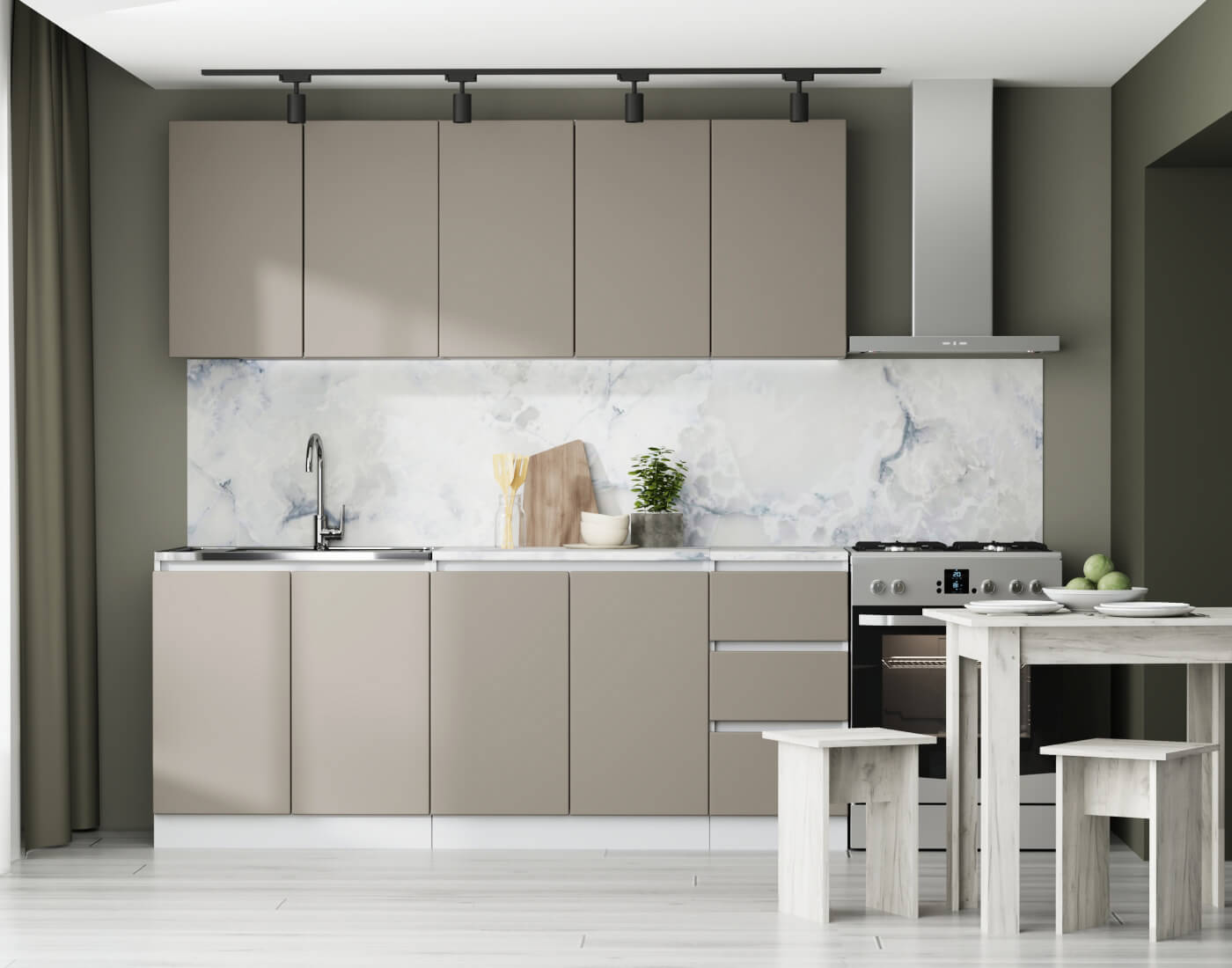 Кухня Мэри МДФ 1,4 метра Веллюто Капучино в интерьере