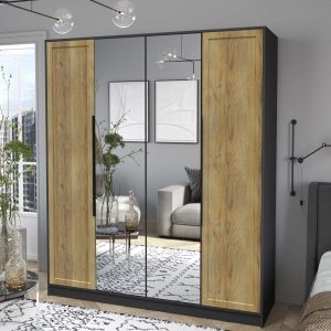 Шкаф четырехстворчатый распашной Концепт КТ-Ш4 Тренд с зеркалом антрацит-дуб вотан в интерьере
