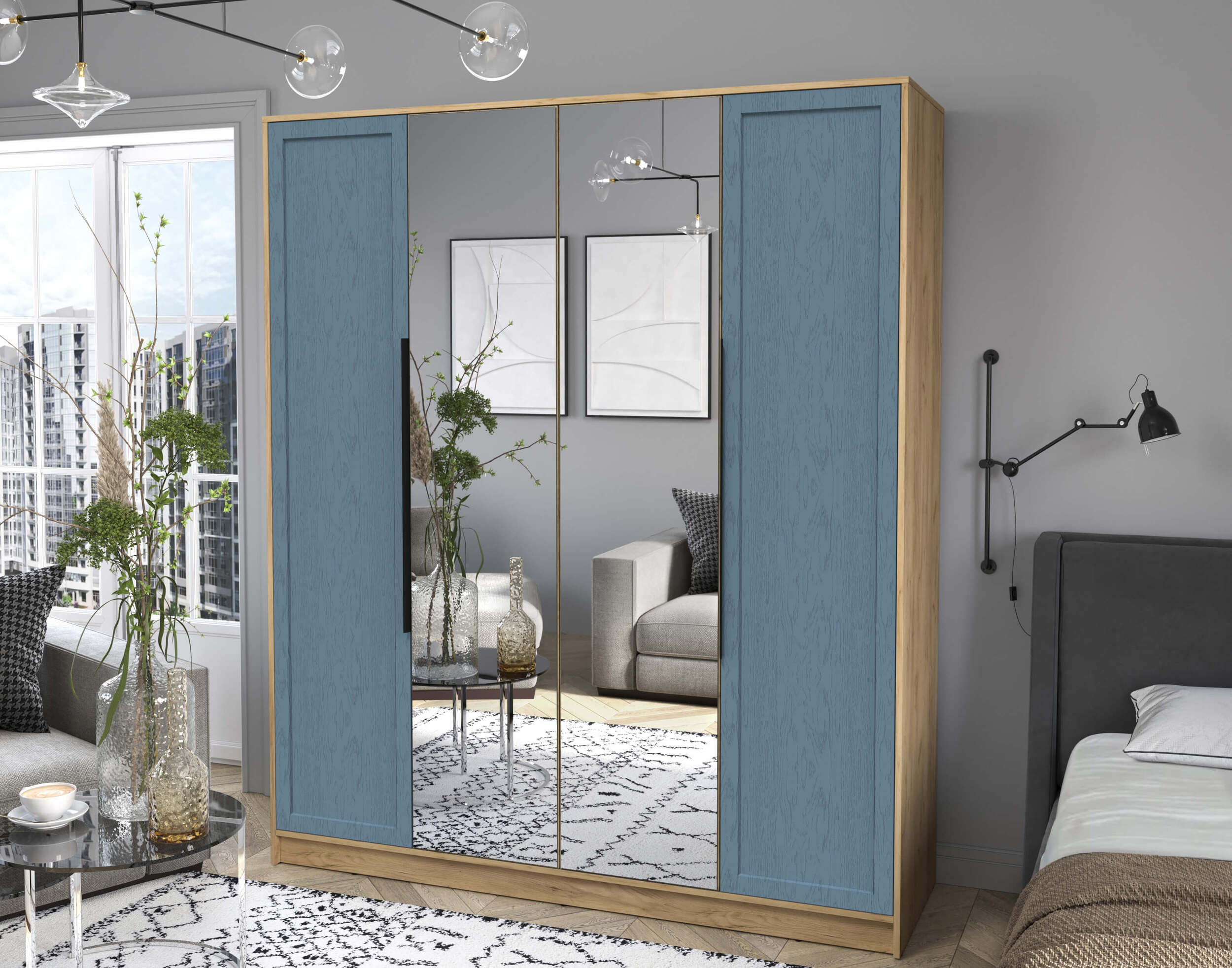 Шкаф четырехстворчатый распашной Тренд Концепт КТ-Ш4 с зеркалом дуб золотой-дуб лазурный в интерьере