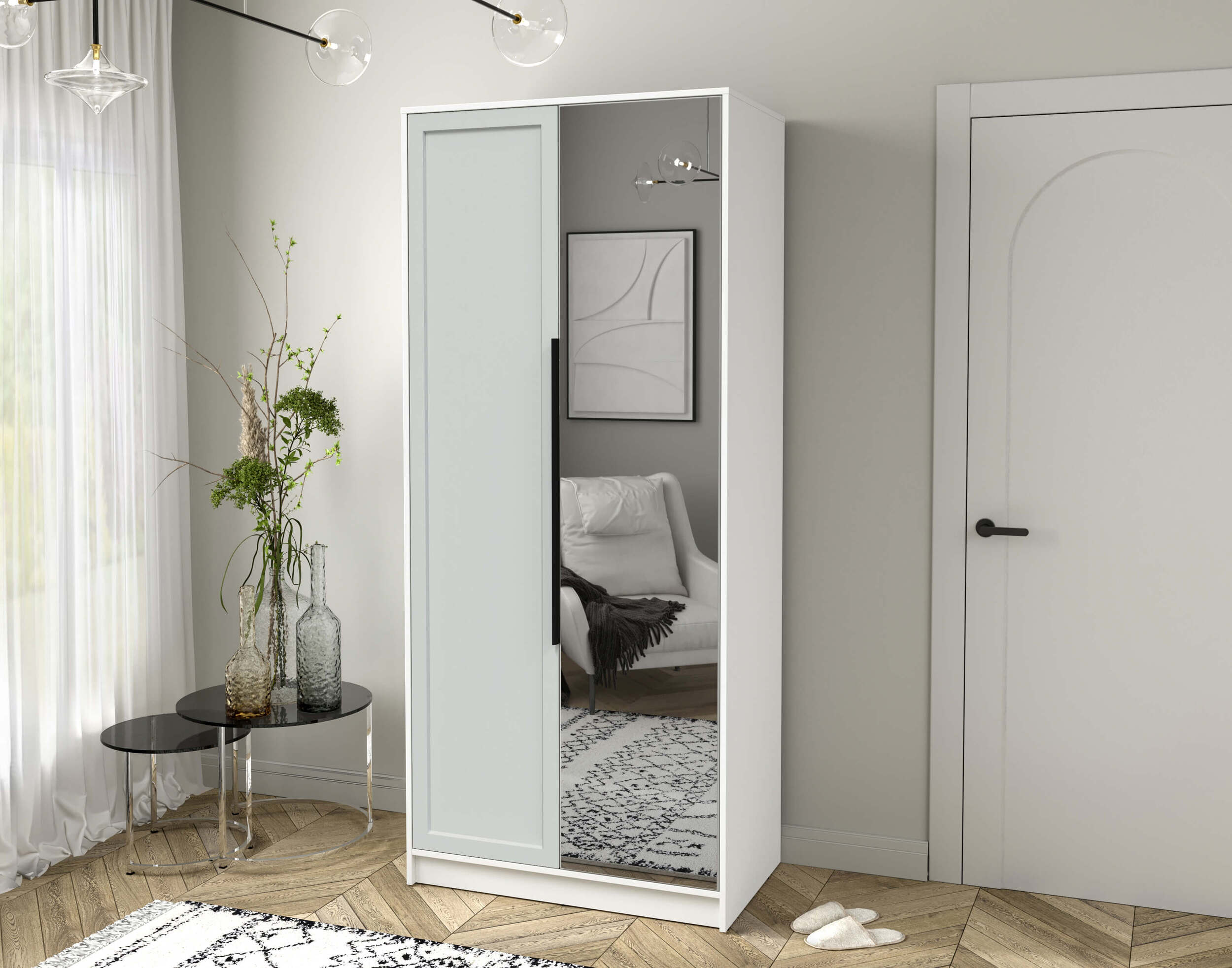 Шкаф двустворчатый распашной Концепт КТ-Ш2 Тренд с зеркалом белый платинум-грэй в интерьере