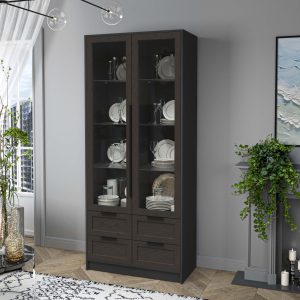 Шкаф двустворчатый распашной Концепт КТ-ШВ2 Тренд с витриной антрацит-дуб английский в интерьере