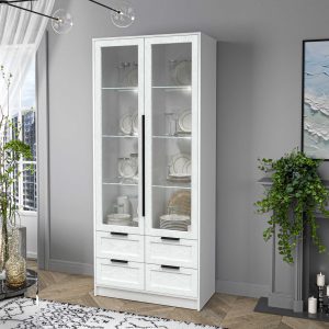 Шкаф двустворчатый распашной Концепт КТ-ШВ2 Тренд с витриной с подсветкой белый-дуб полярный в интерьере