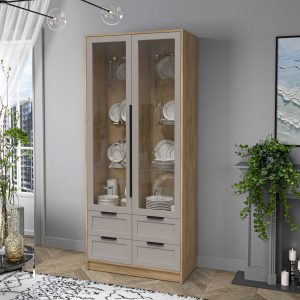 Шкаф двустворчатый распашной Тренд Концепт КТ-ШВ2 с витриной дуб золотой-луна в интерьере