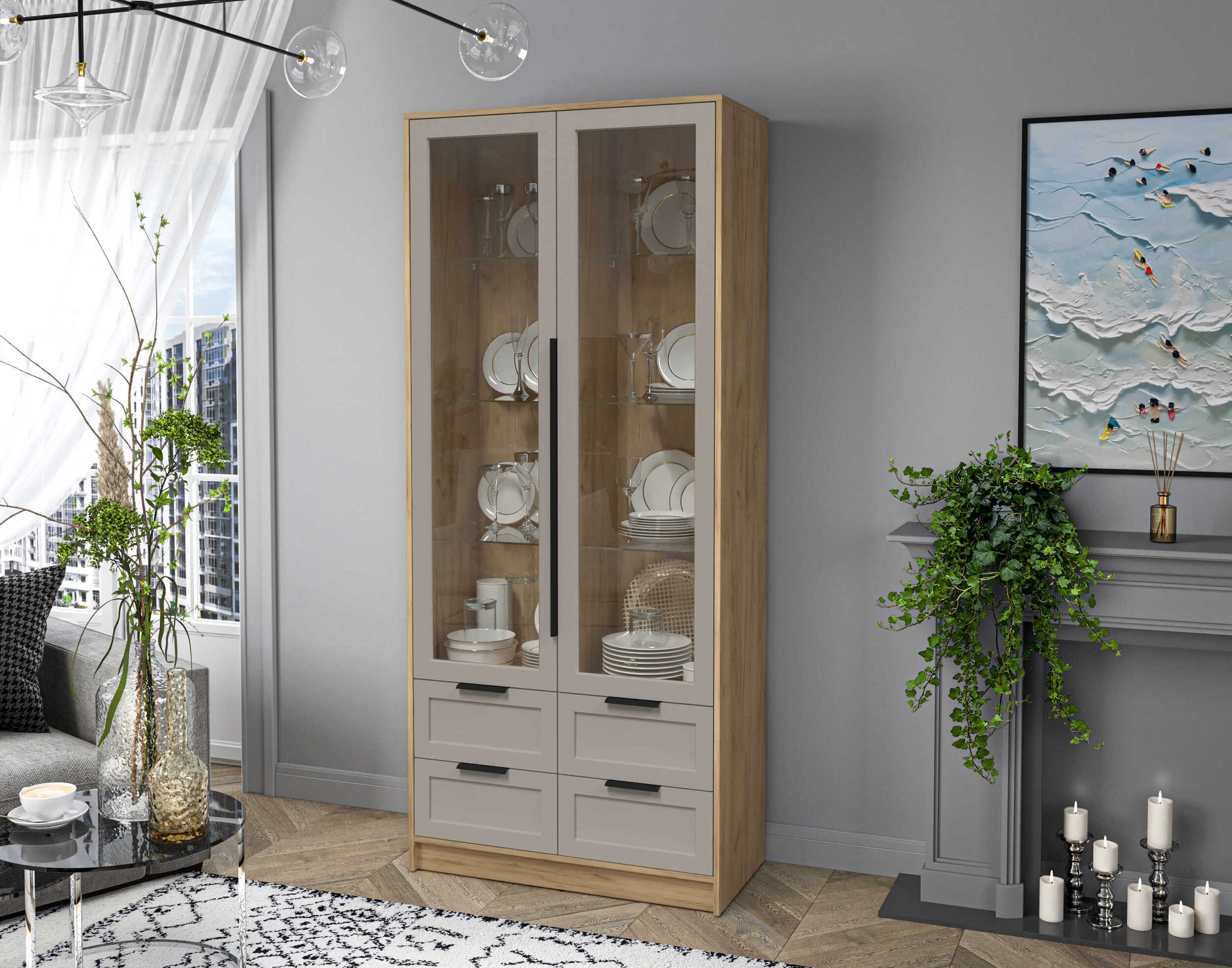 Шкаф двустворчатый распашной Тренд Концепт КТ-ШВ2 с витриной дуб золотой-луна в интерьере