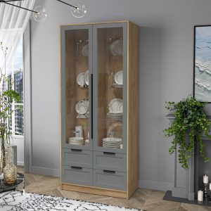 Шкаф двустворчатый распашной Тренд Концепт КТ-ШВ2 с витриной дуб золотой-серый в интерьере