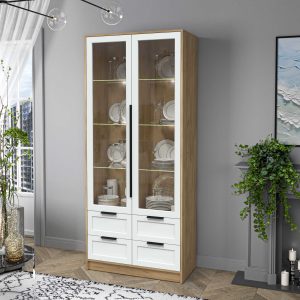 Шкаф двустворчатый распашной Тренд Концепт КТ-ШВ2 с витриной с подсветкой дуб золотой-белый в интерьере