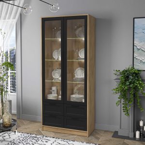 Шкаф двустворчатый распашной Тренд Концепт КТ-ШВ2 с витриной с подсветкой дуб золотой-черный в интерьере