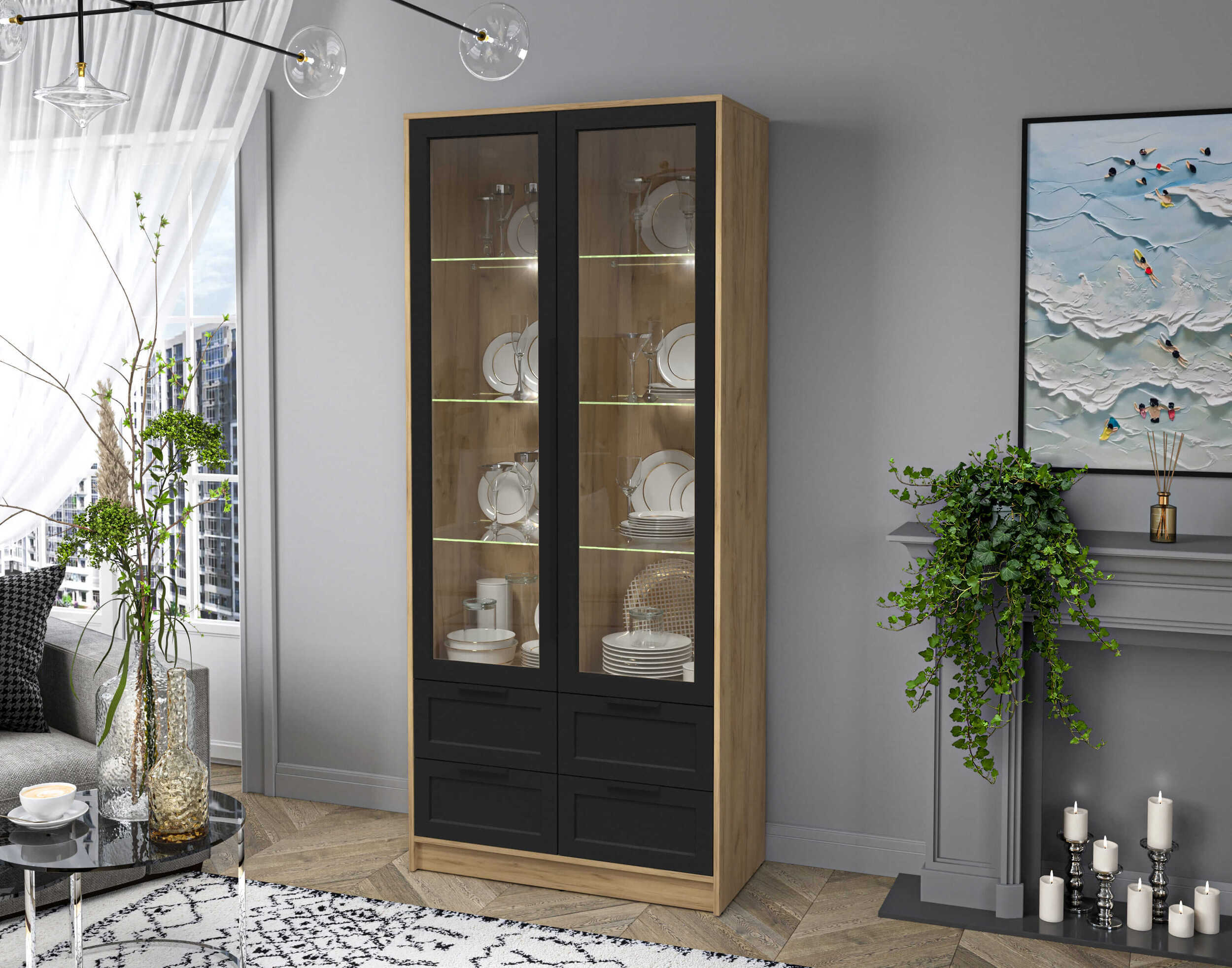 Шкаф двустворчатый распашной Тренд Концепт КТ-ШВ2 с витриной с подсветкой дуб золотой-черный в интерьере