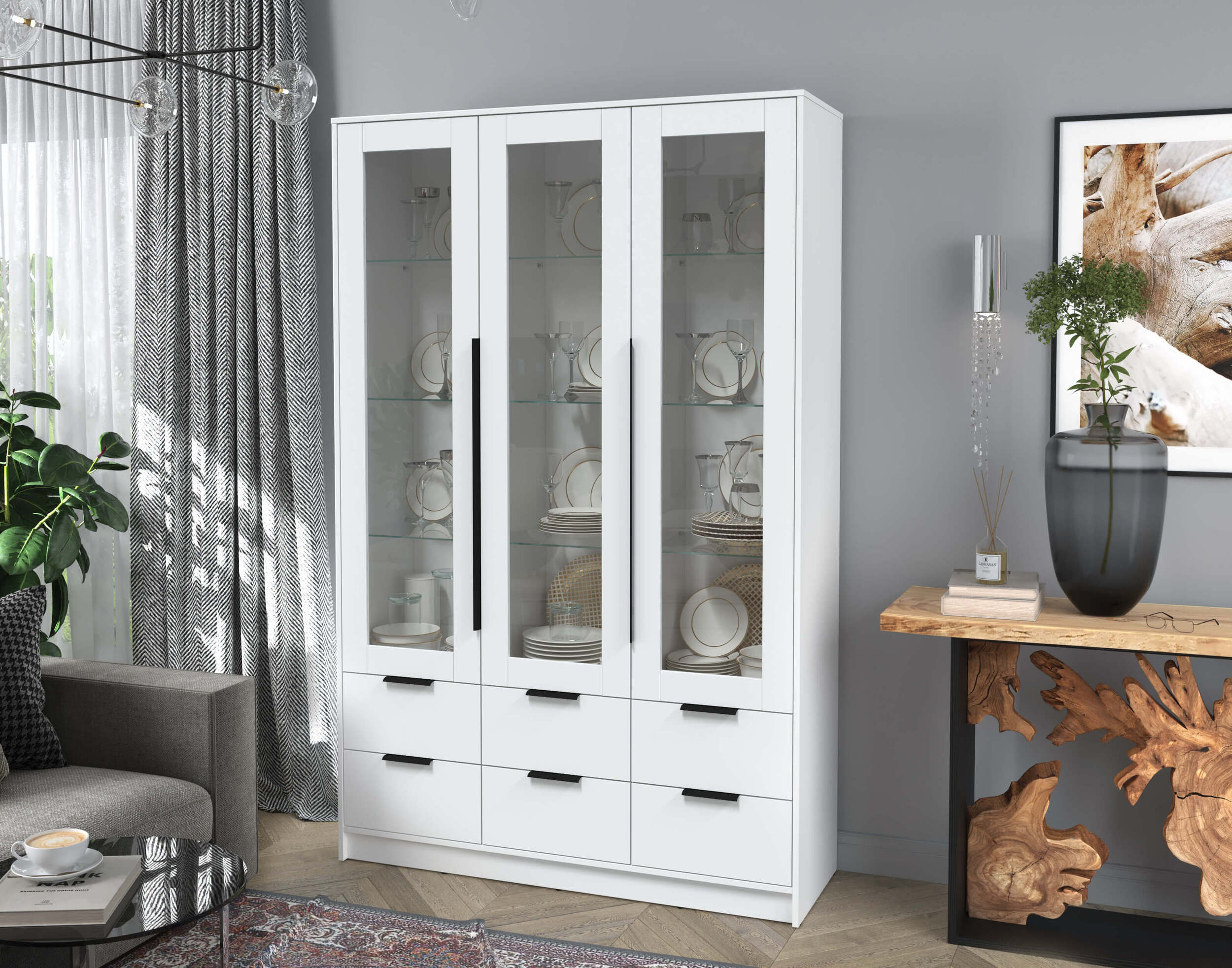 Шкаф трехстворчатый распашной Концепт КТ-ШВ3 с витриной белый-белый в интерьере