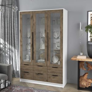 Шкаф трехстворчатый распашной Концепт КТ-ШВ3 с витриной белый-дуб веллингтон в интерьере