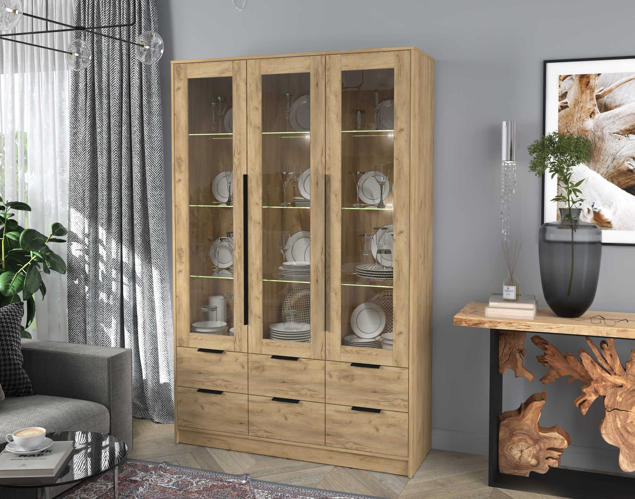 Шкаф трехстворчатый распашной Концепт КТ-ШВ3 с витриной дуб золотой-дуб золотой в интерьере