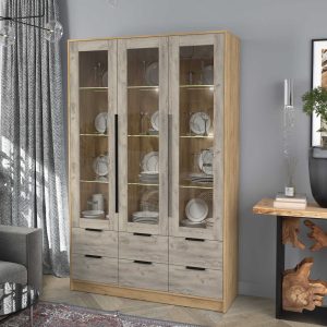 Шкаф трехстворчатый распашной Концепт КТ-ШВ3 с витриной с подсветкой дуб золотой-дуб серый в интерьере