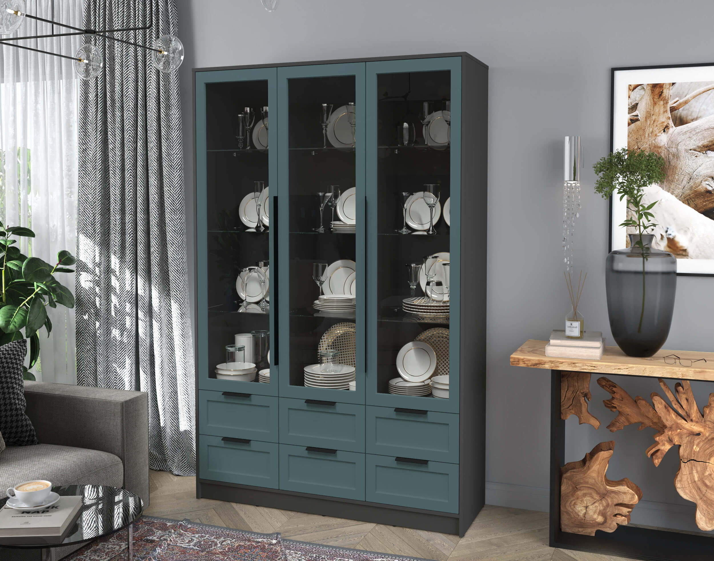 Шкаф трехстворчатый распашной Концепт КТ-ШВ3 Тренд с витриной антрацит-верде в интерьере