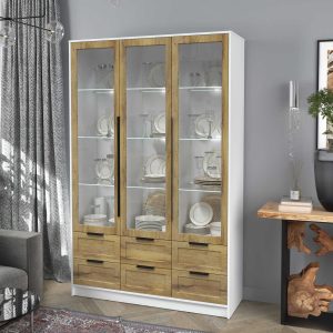 Шкаф трехстворчатый распашной Концепт КТ-ШВ3 Тренд с витриной с подсветкой белый платинум-дуб вотан