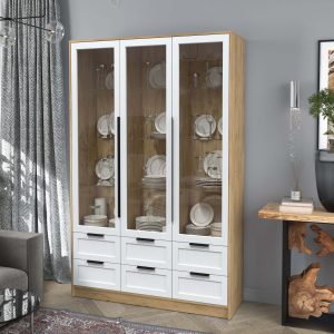 Шкаф трехстворчатый распашной Тренд Концепт КТ-ШВ3 с витриной дуб золотой-белый в интерьере
