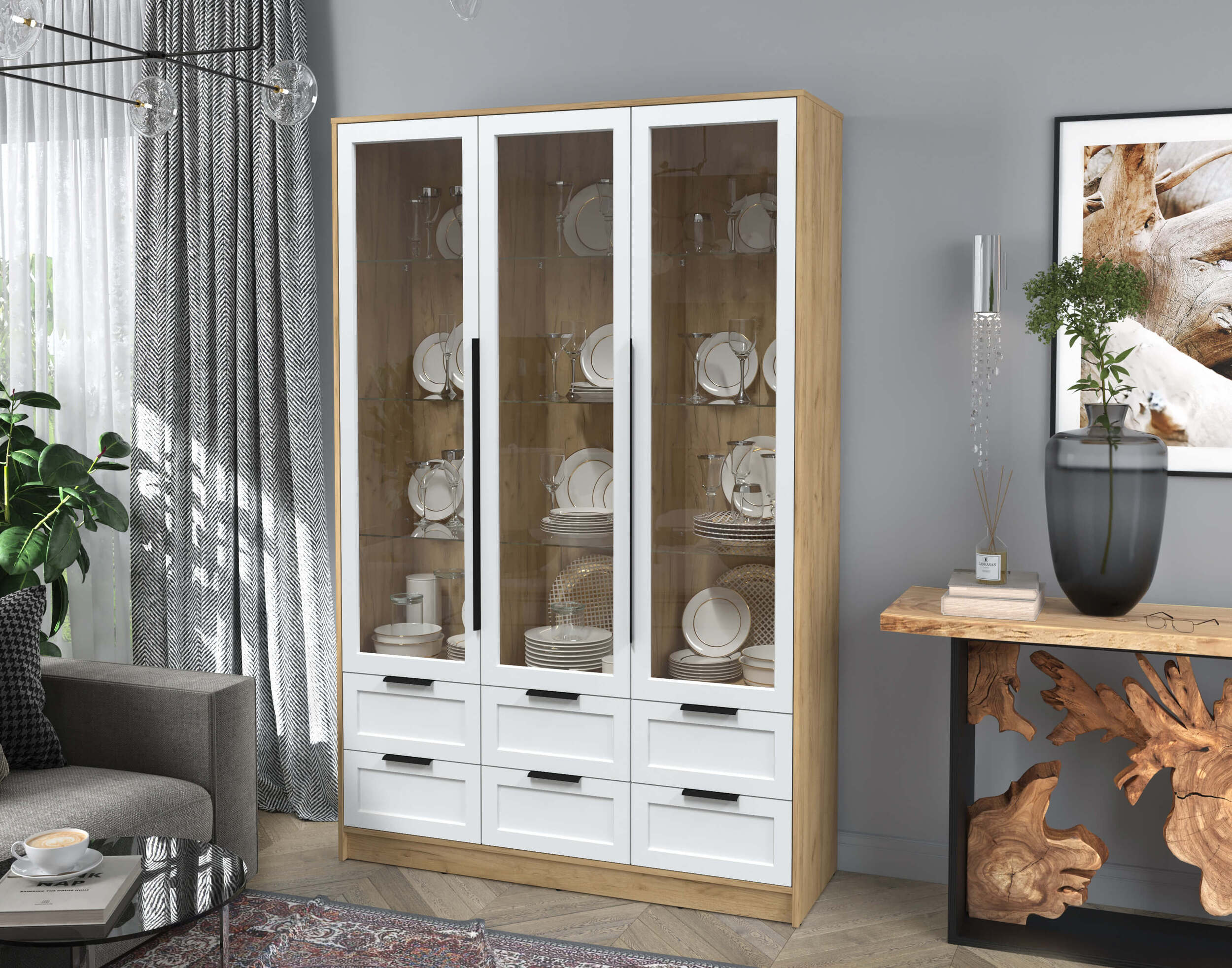 Шкаф трехстворчатый распашной Тренд Концепт КТ-ШВ3 с витриной дуб золотой-белый в интерьере