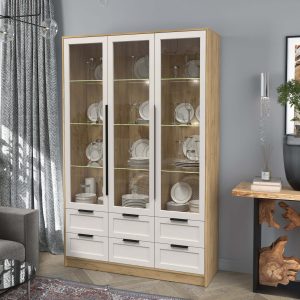 Шкаф трехстворчатый распашной Тренд Концепт КТ-ШВ3 с витриной с подсветкой дуб золотой-кашемир в интерьере