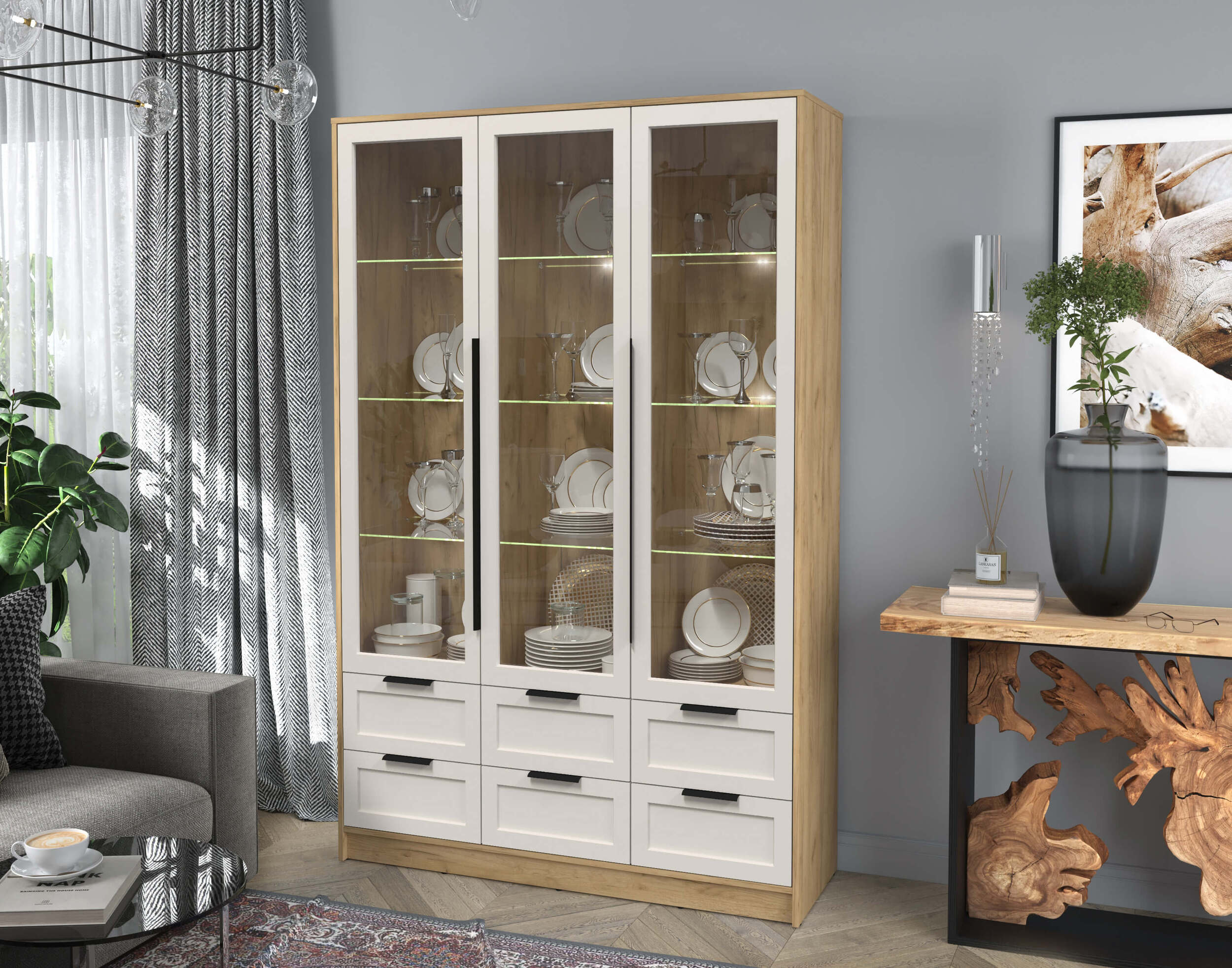 Шкаф трехстворчатый распашной Тренд Концепт КТ-ШВ3 с витриной с подсветкой дуб золотой-кашемир в интерьере