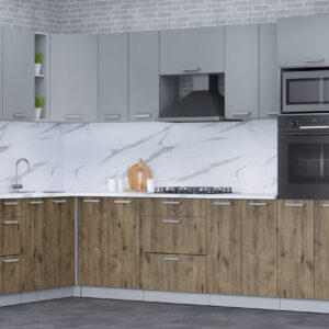 Угловая кухня Мила Лайт ВТ 1-88x3-4 метра серебро-дуб веллингтон в интерьере